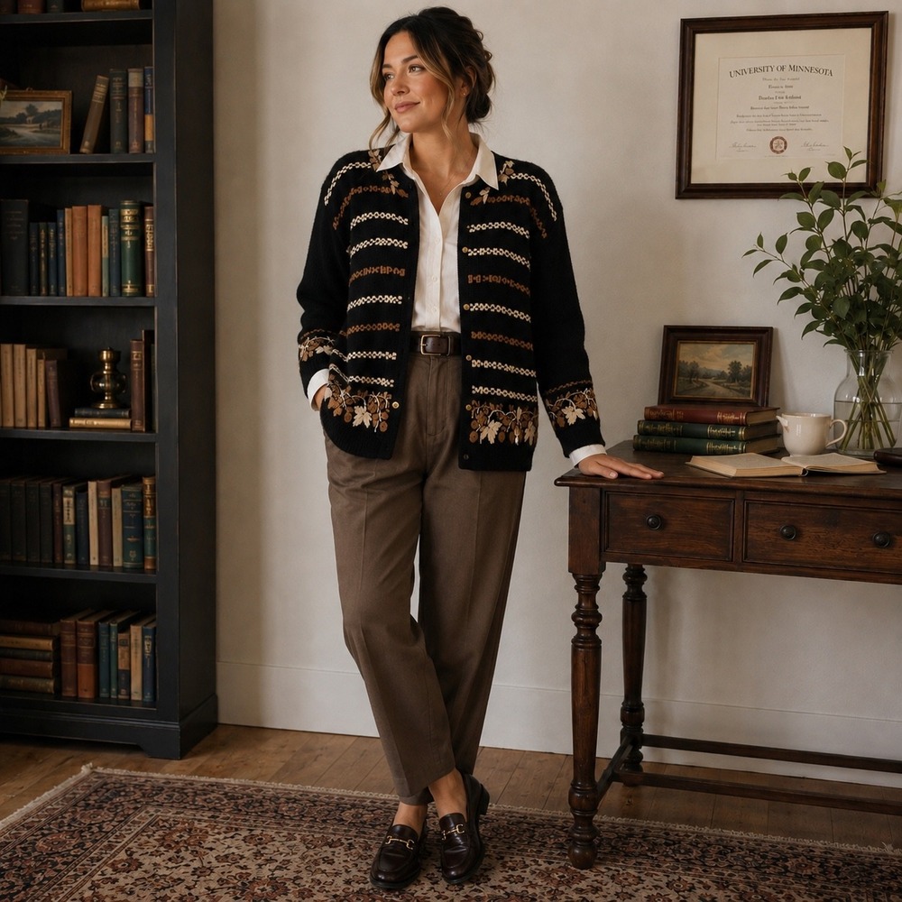 Vintage Crystal-Kobe Cardigan L Black Brown Embroidered Gold Buttons 80s 90s